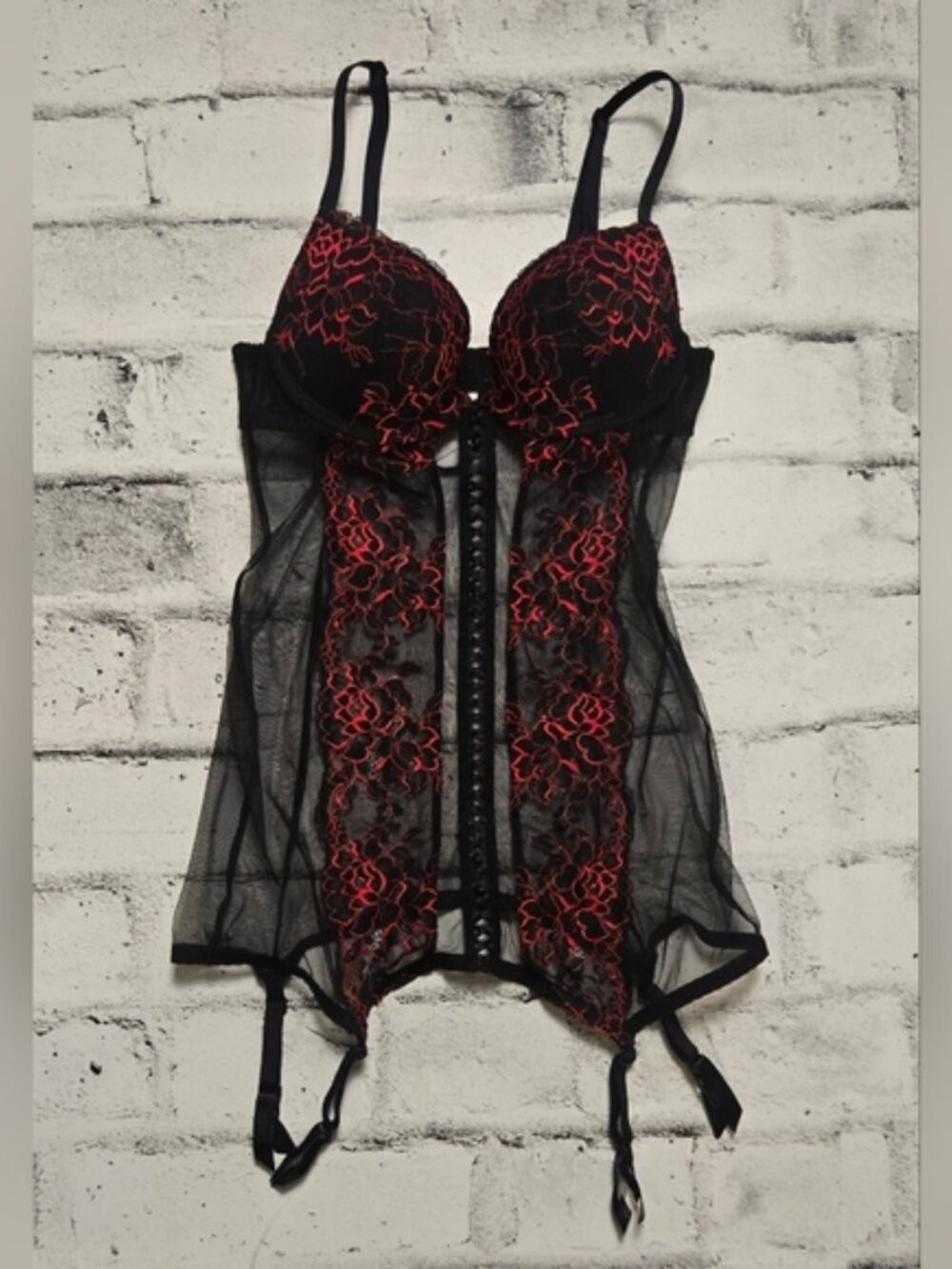 La Senza Black Red Lace Bustier Corset Garter Lingerie XS